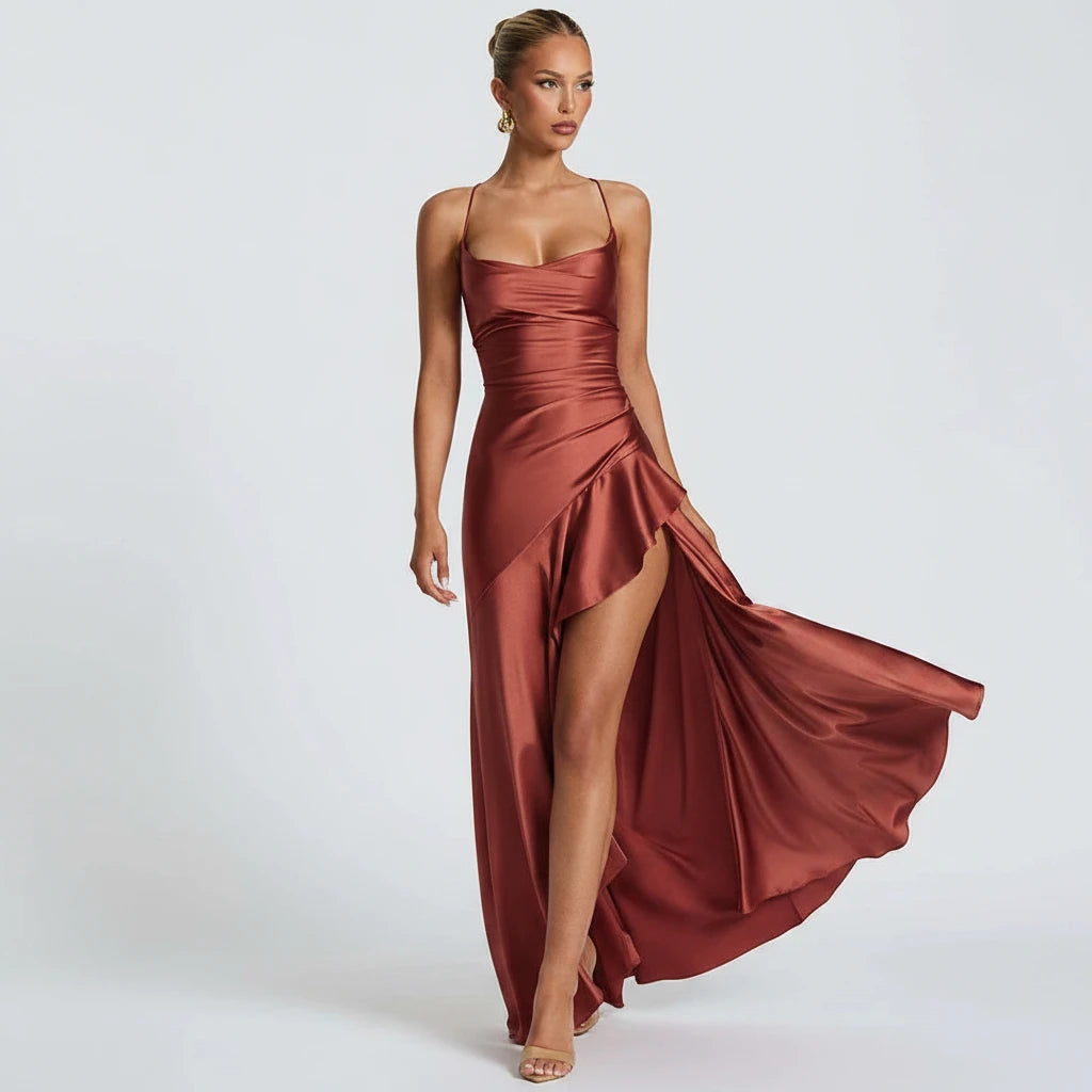 Satin Ruffle Backless Maxi Dress