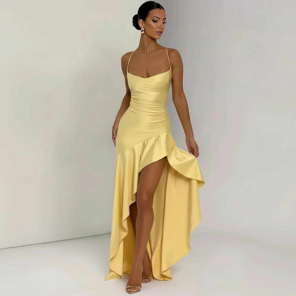 Satin Ruffle Backless Maxi Dress