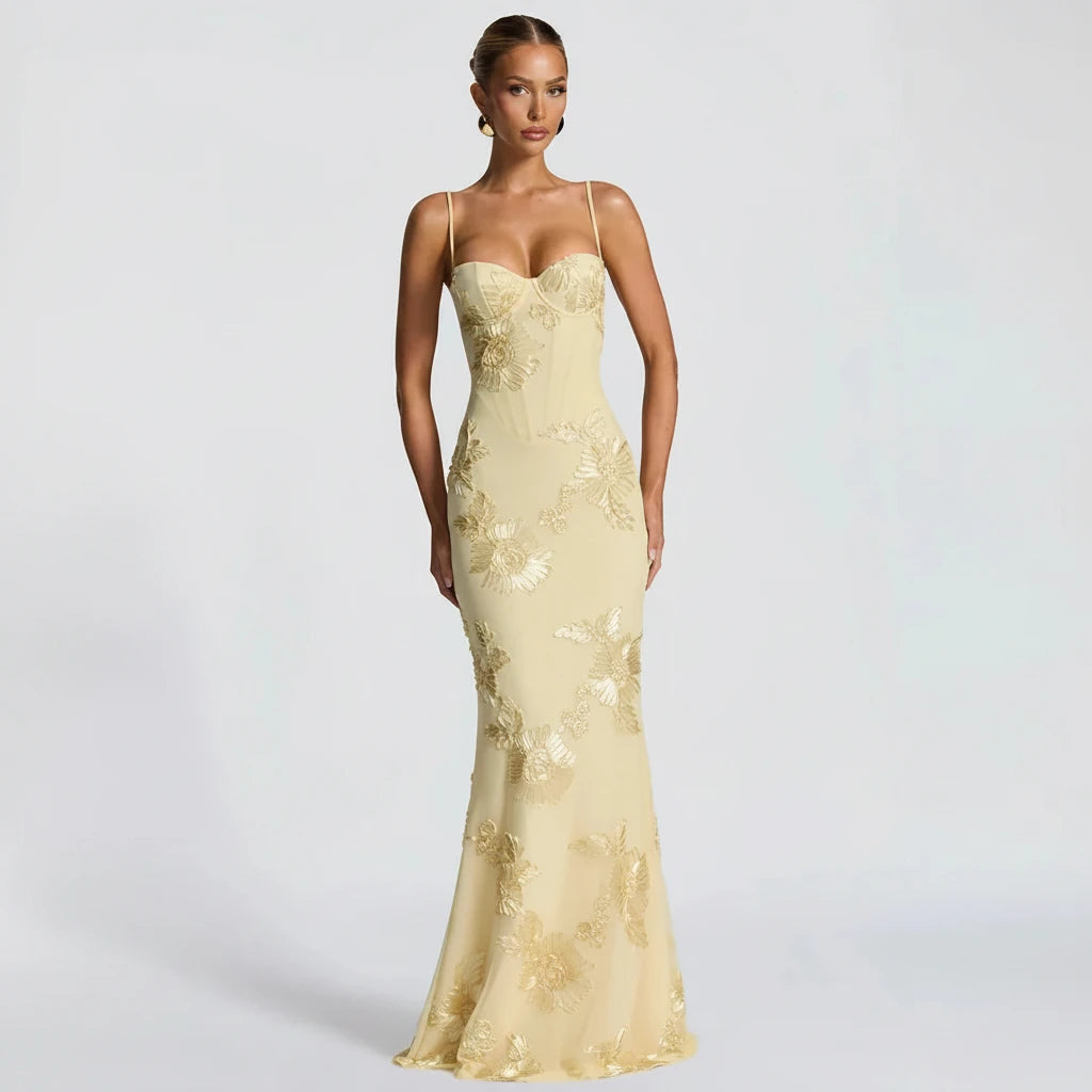 Floral Ribbon Backless Maxi Dress