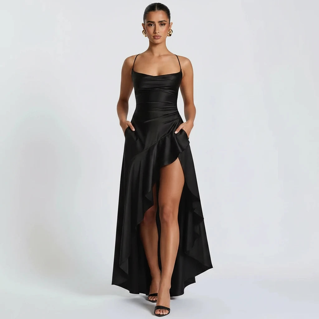 Satin Ruffle Backless Maxi Dress
