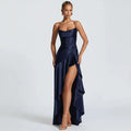 Satin Ruffle Backless Maxi Dress