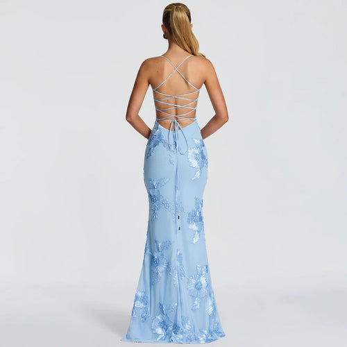 Floral Ribbon Backless Maxi Dress