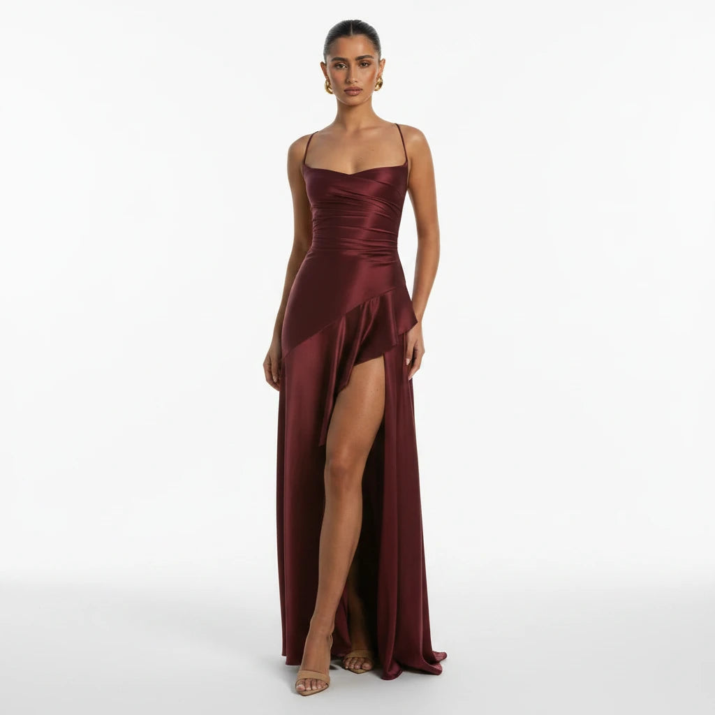 Satin Ruffle Backless Maxi Dress