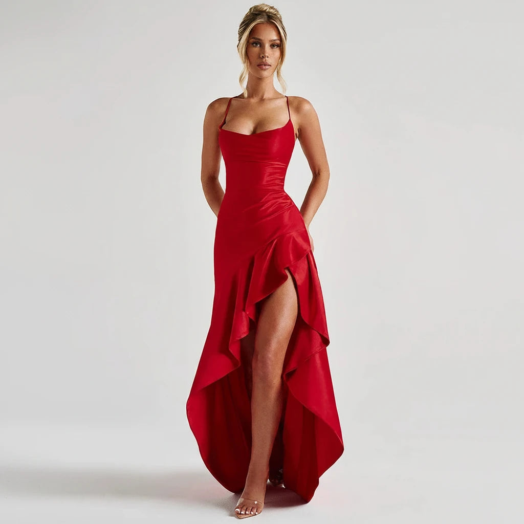 Satin Ruffle Backless Maxi Dress