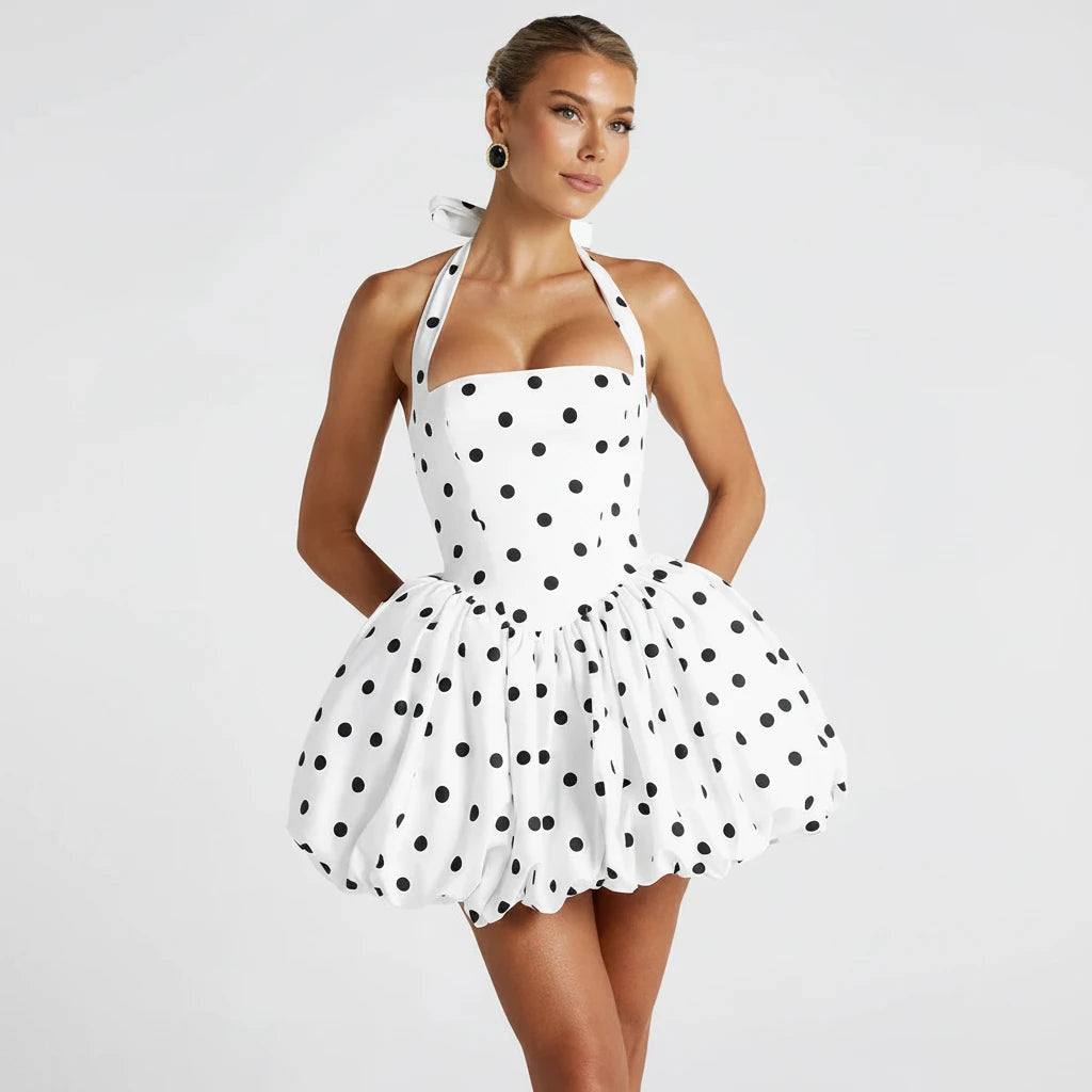 Polka Dot Halter Backless Mini Dress