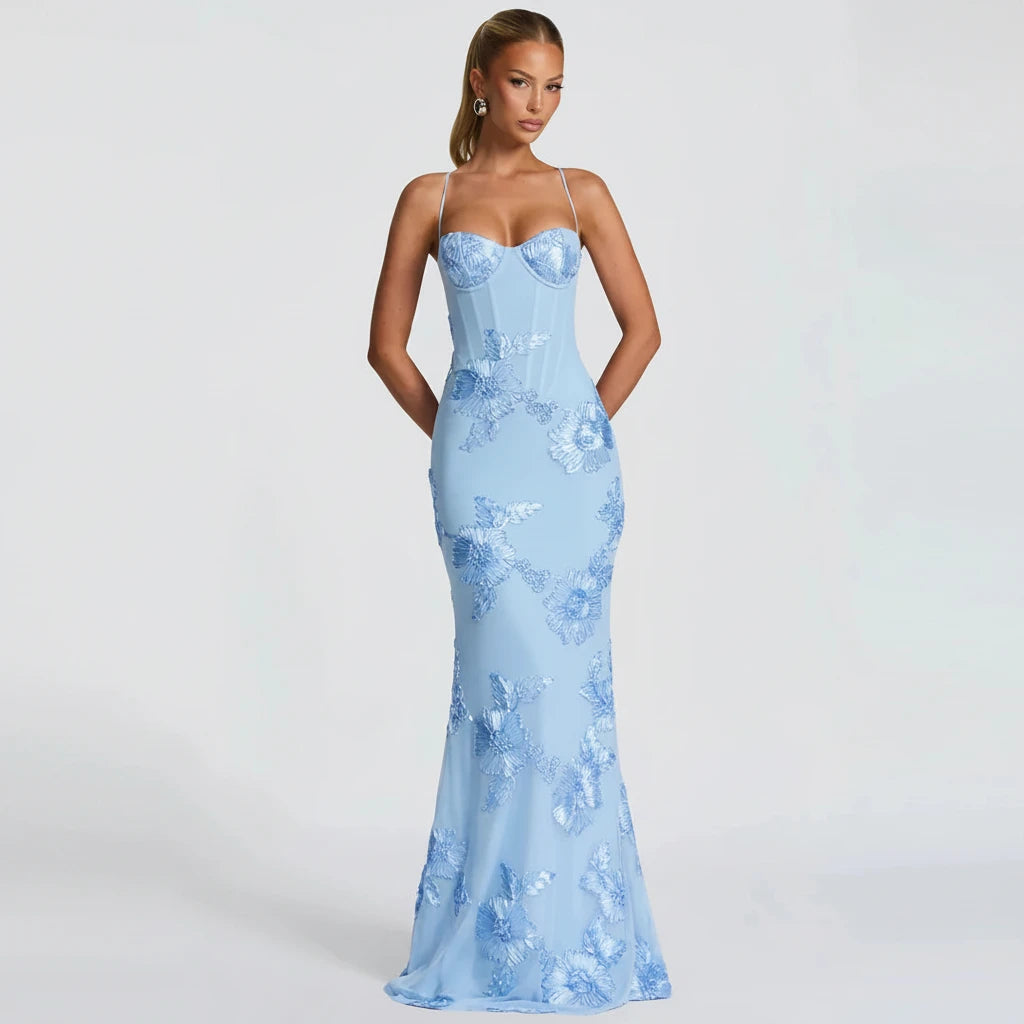 Floral Ribbon Backless Maxi Dress