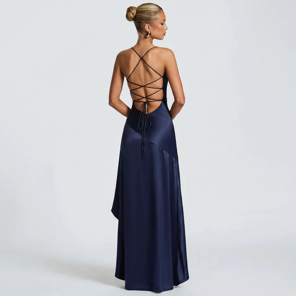 Satin Ruffle Backless Maxi Dress
